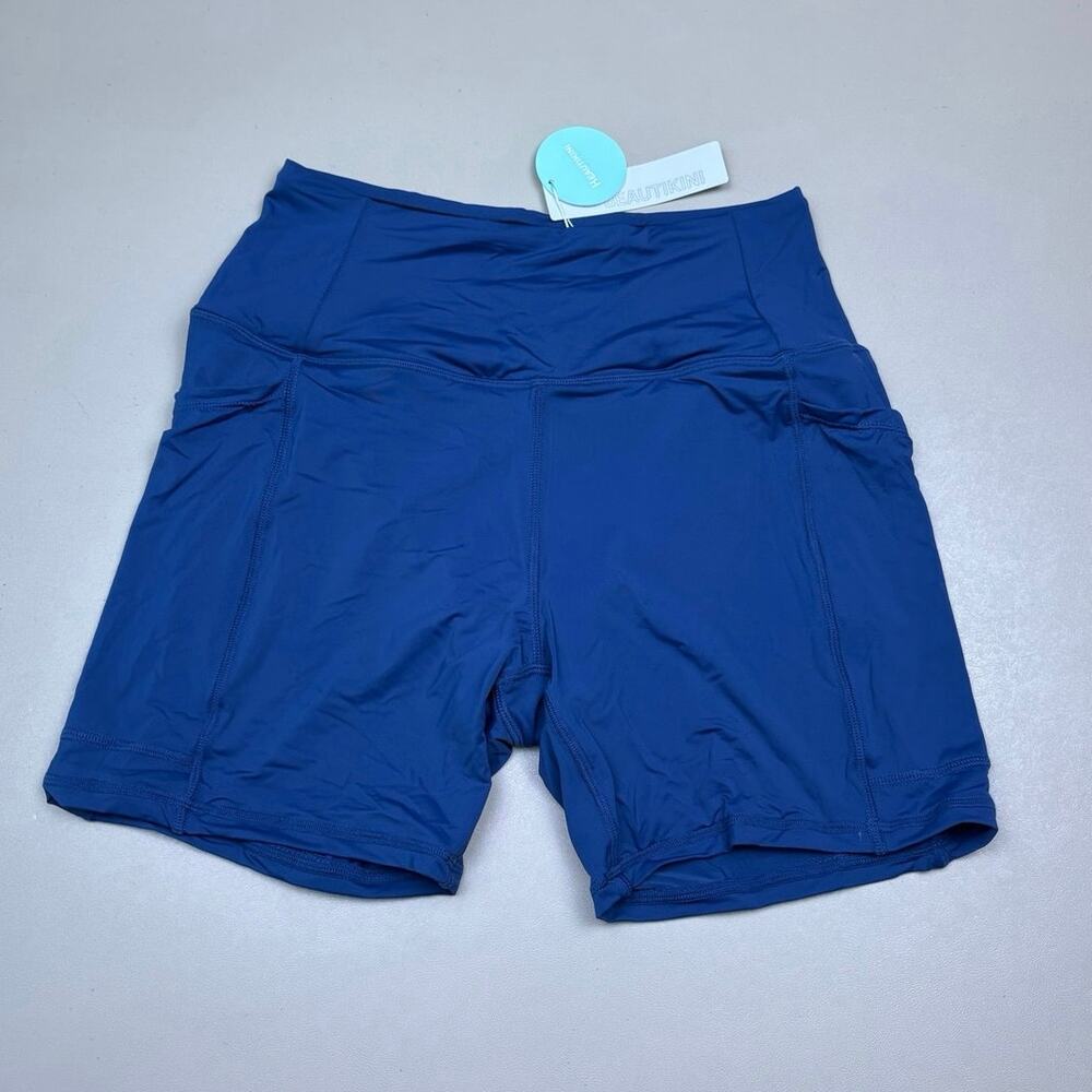 BEAUTIKINI Blue High Waisted Swim Shorts XS Pocket Bikini Bottoms UPF Beach NWT